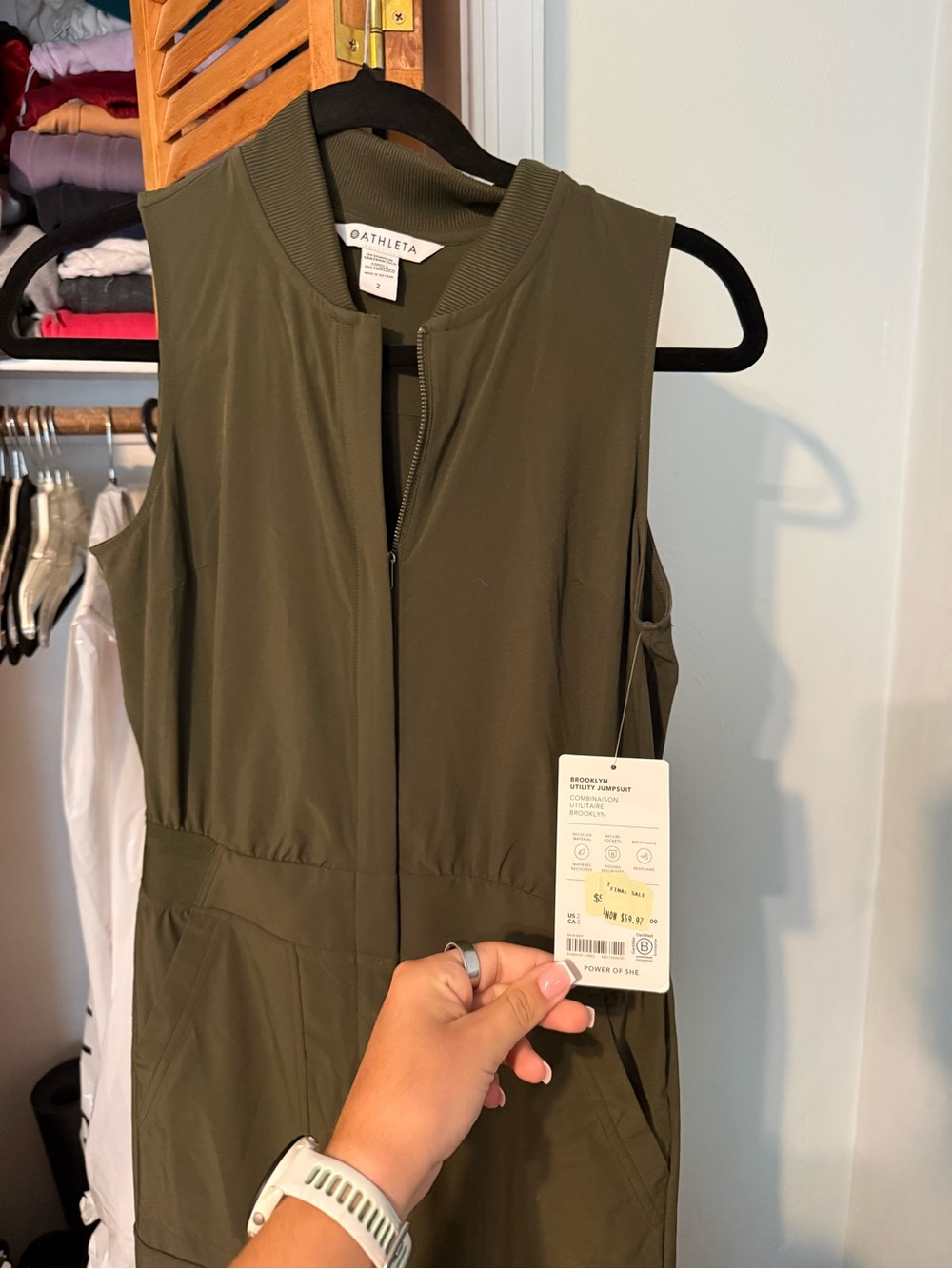 Athleta Olive Green Sleeveless Zip-Front Jumpsuit